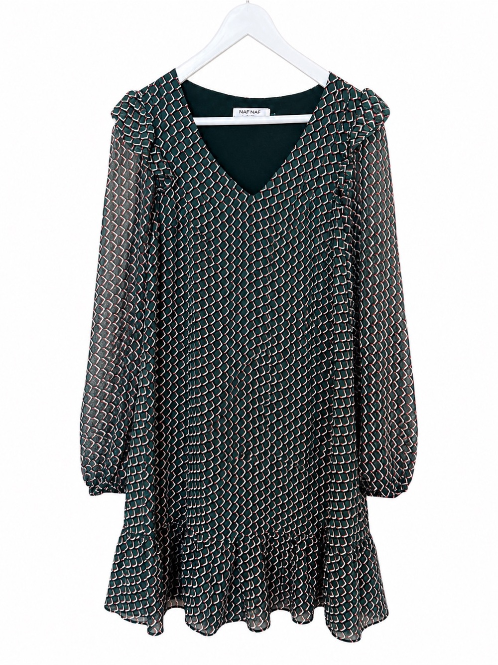 NAF NAF Dark Green Geometric V-Neck Long Sleeve Dress